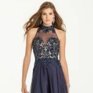 Dave &‎ Johnny Midnight Blue Illusion Halter Floor Length Evening Formal Gown 12